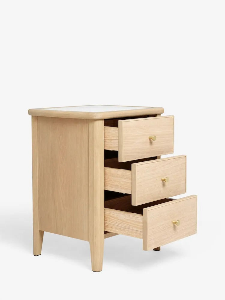 Oak Wood Nightstand With White Marble Top And Three Drawers