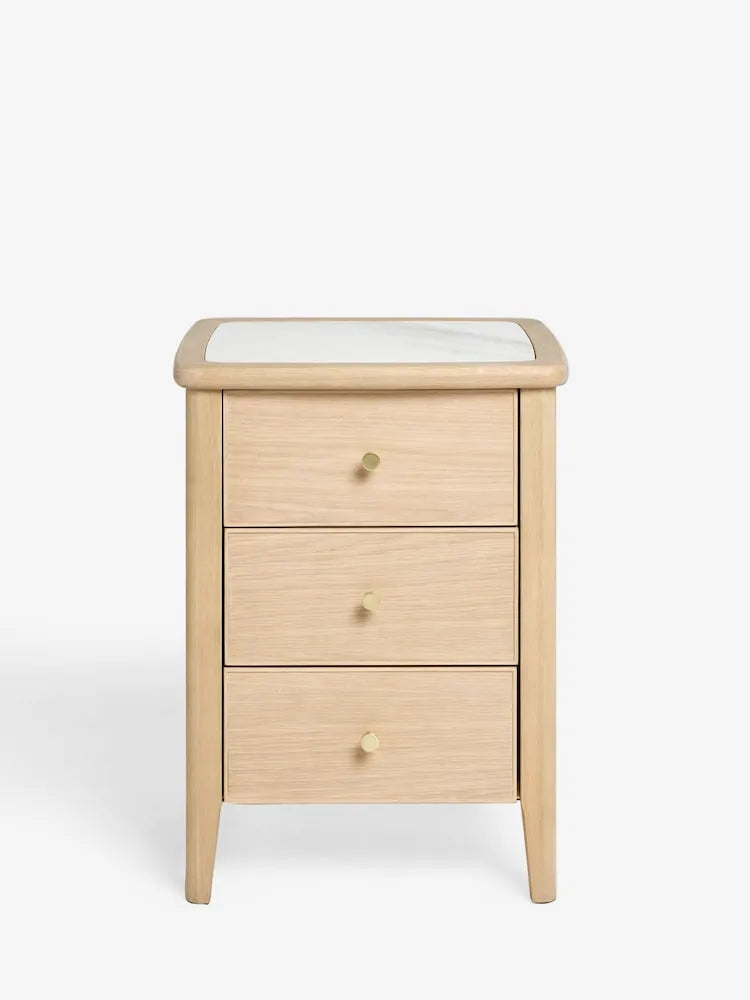 Oak Wood Nightstand With White Marble Top And Three Drawers