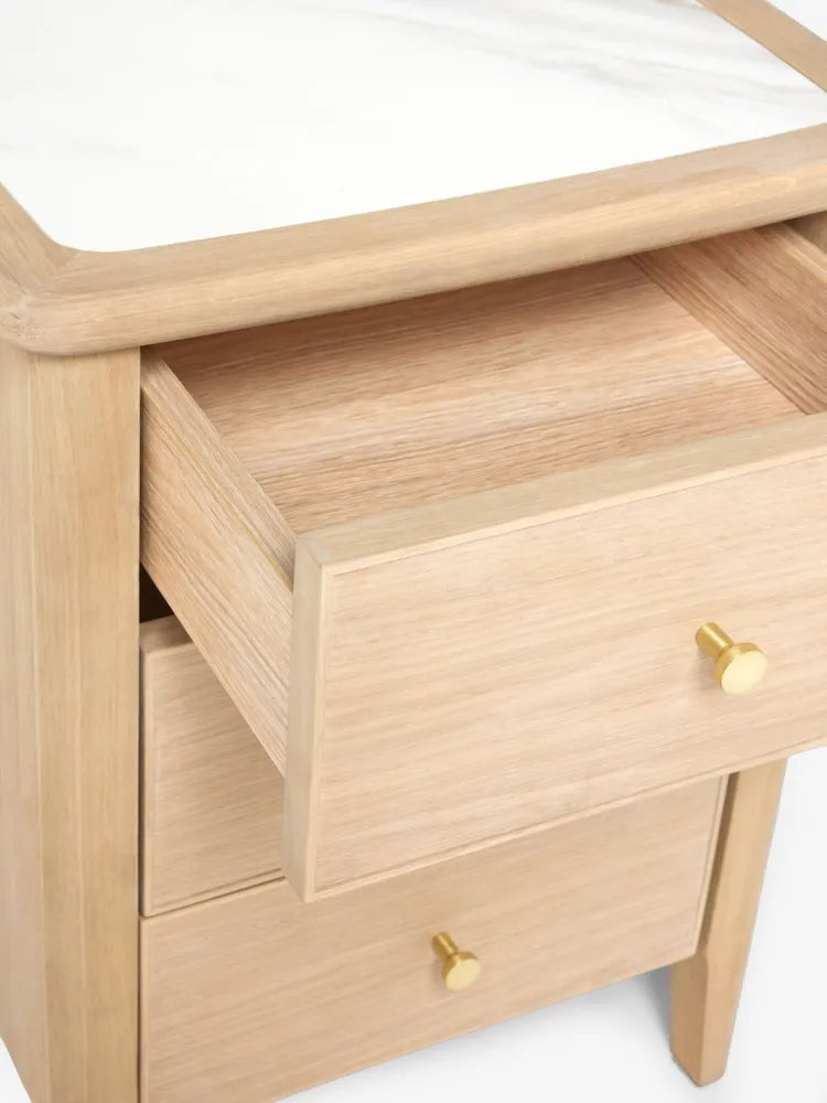 Oak Wood Nightstand With White Marble Top And Three Drawers