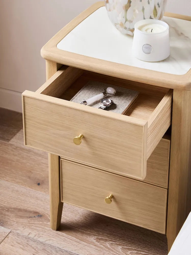 Oak Wood Nightstand With White Marble Top And Three Drawers