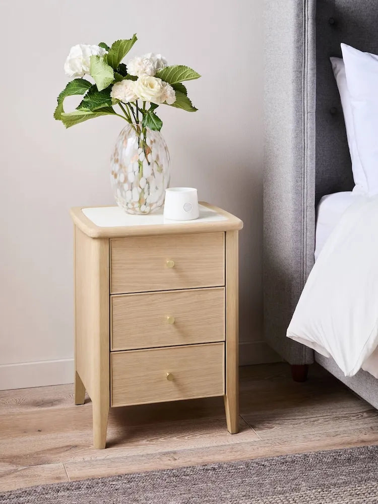 Oak Wood Nightstand With White Marble Top And Three Drawers