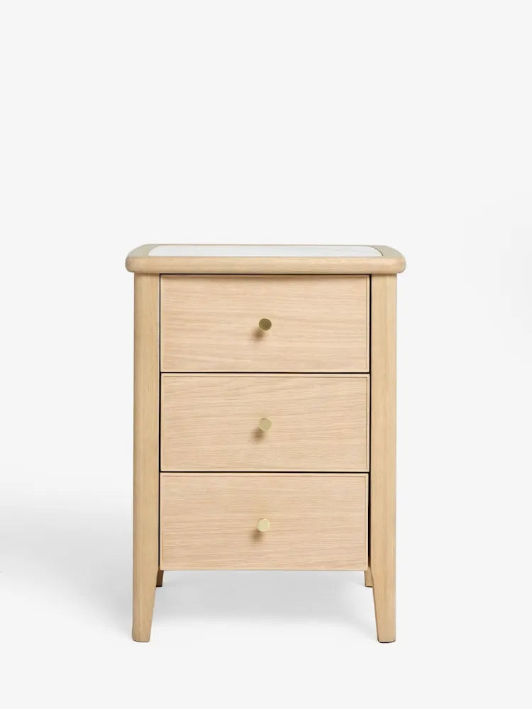 Oak Wood Nightstand With White Marble Top And Three Drawers