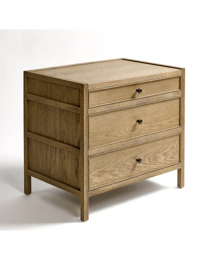Oak Wood Nightstand With Three Drawers And Framed Side Panels