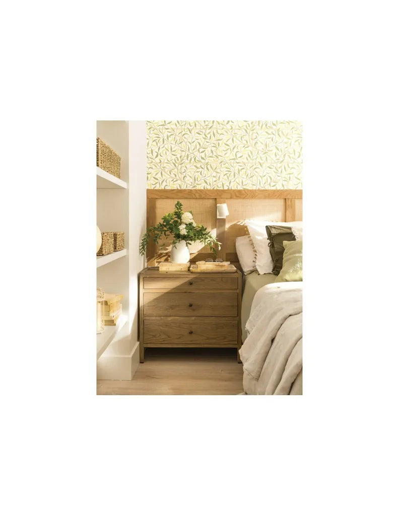 Oak Wood Nightstand With Three Drawers And Framed Side Panels