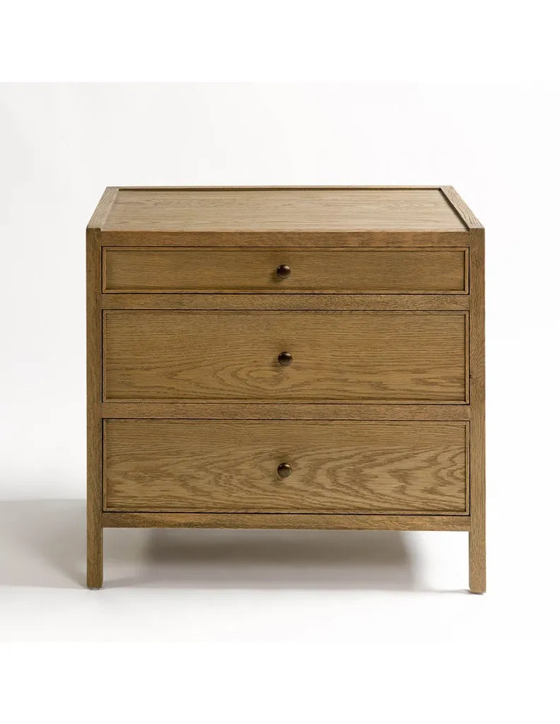 Oak Wood Nightstand With Three Drawers And Framed Side Panels