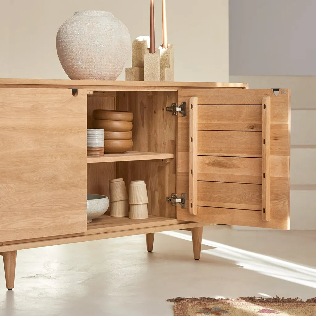 Oak Wood Sideboard With Cabinets And Three Drawers
