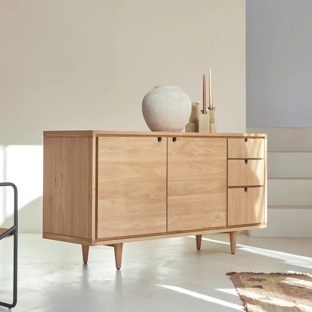 Oak Wood Sideboard With Cabinets And Three Drawers