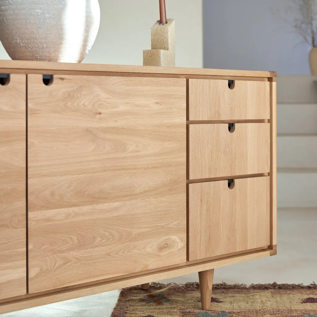 Oak Wood Sideboard With Cabinets And Three Drawers