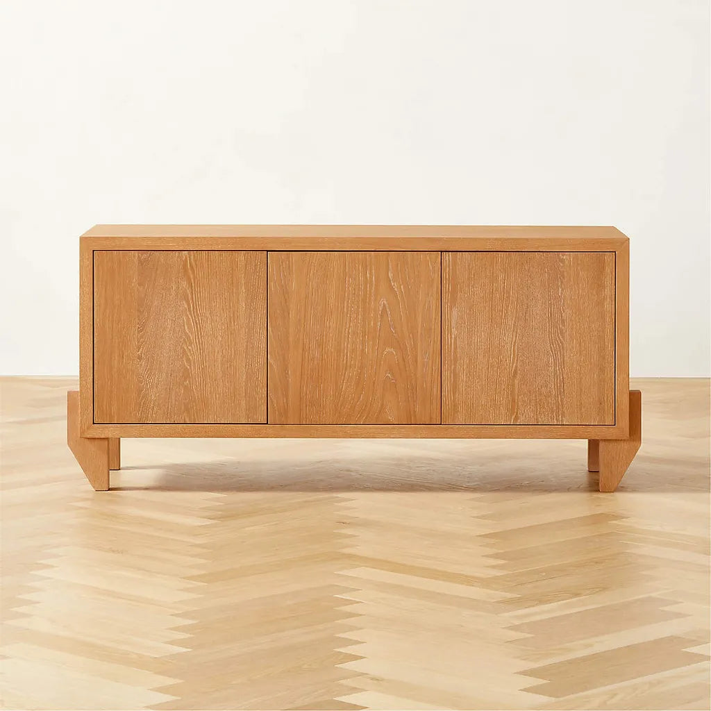 Oak Wood Storage Cabinet With Three Doors And Elevated Base