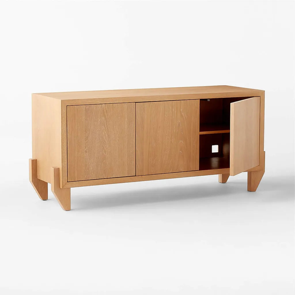 Oak Wood Storage Cabinet With Three Doors And Elevated Base