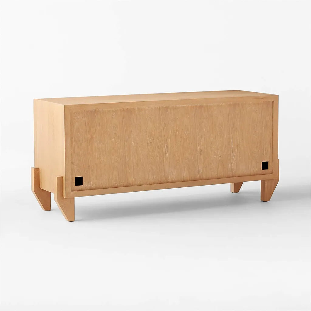 Oak Wood Storage Cabinet With Three Doors And Elevated Base