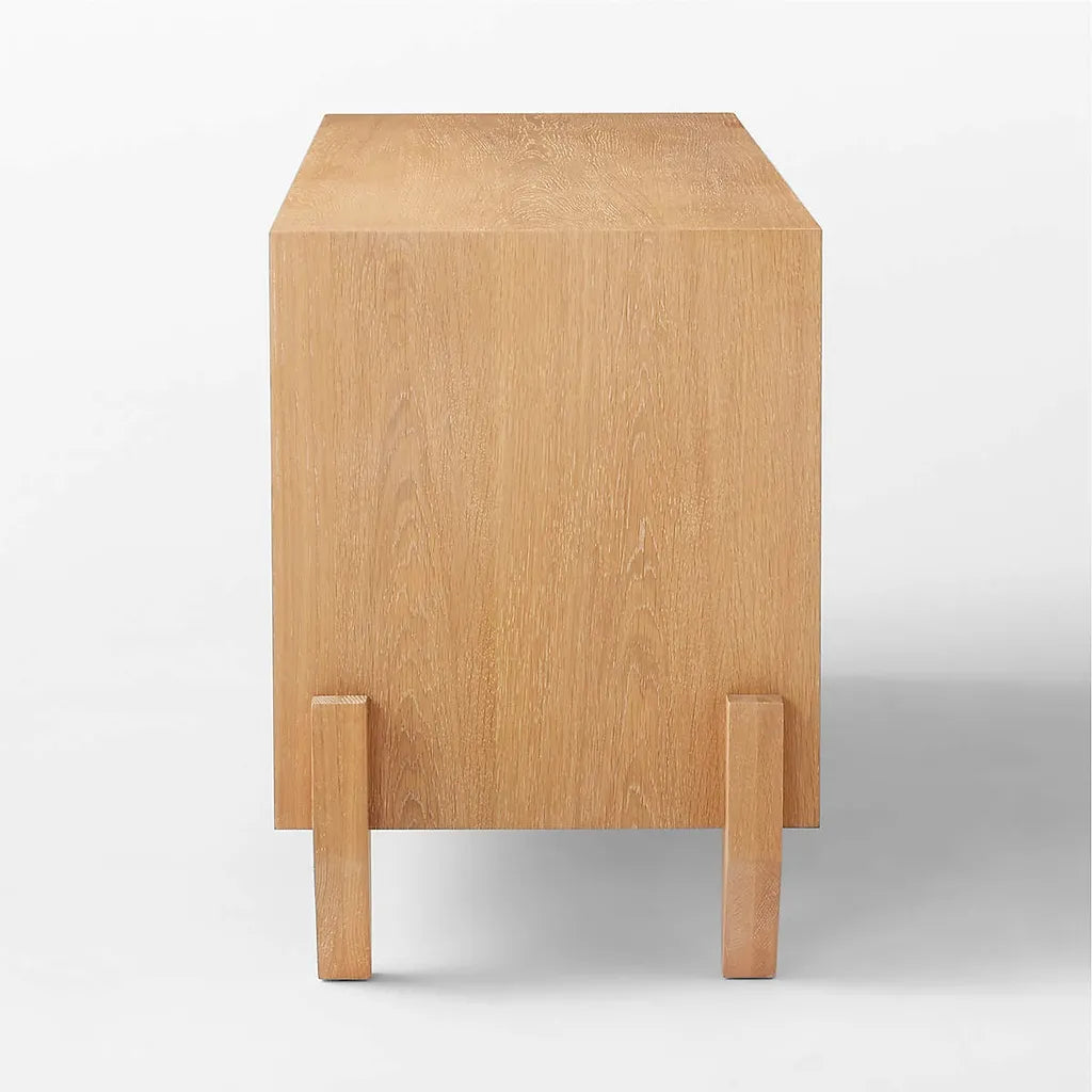 Oak Wood Storage Cabinet With Three Doors And Elevated Base