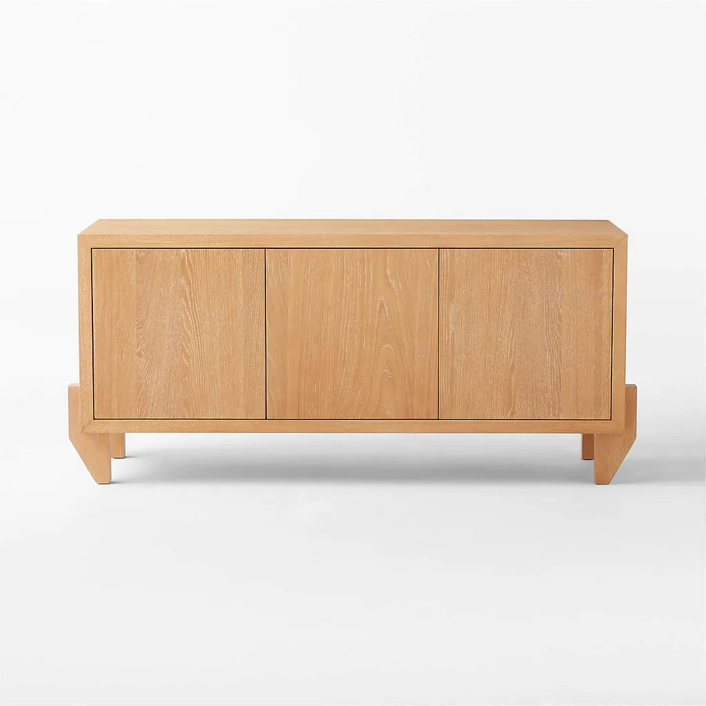 Oak Wood Storage Cabinet With Three Doors And Elevated Base