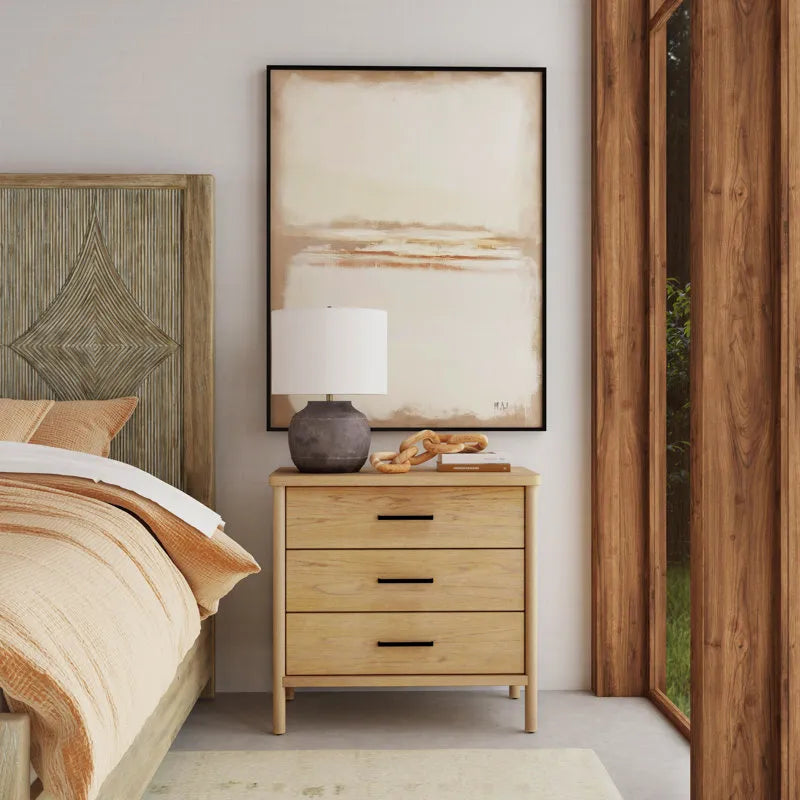 Oak Wood Dresser With Three Drawers And Black Handles