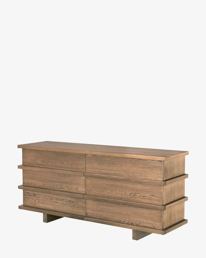 Oak Wood Dresser With Six Drawers And Modern Panel Design
