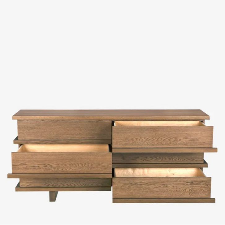 Oak Wood Dresser With Six Drawers And Modern Panel Design