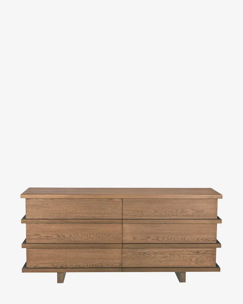 Oak Wood Dresser With Six Drawers And Modern Panel Design