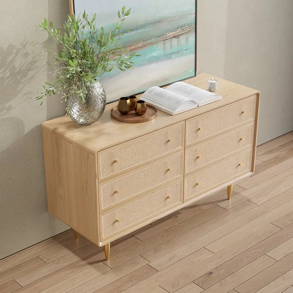 Ash Wood Dresser With Rattan Drawers And Brass Legs