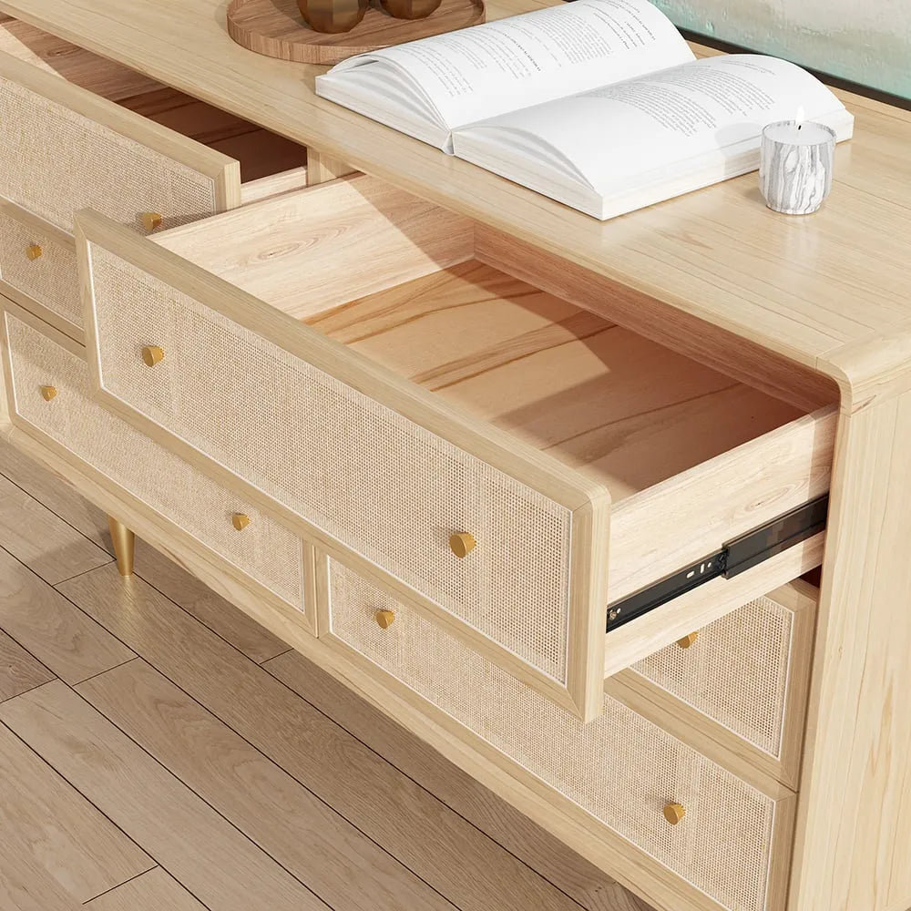 Ash Wood Dresser With Rattan Drawers And Brass Legs