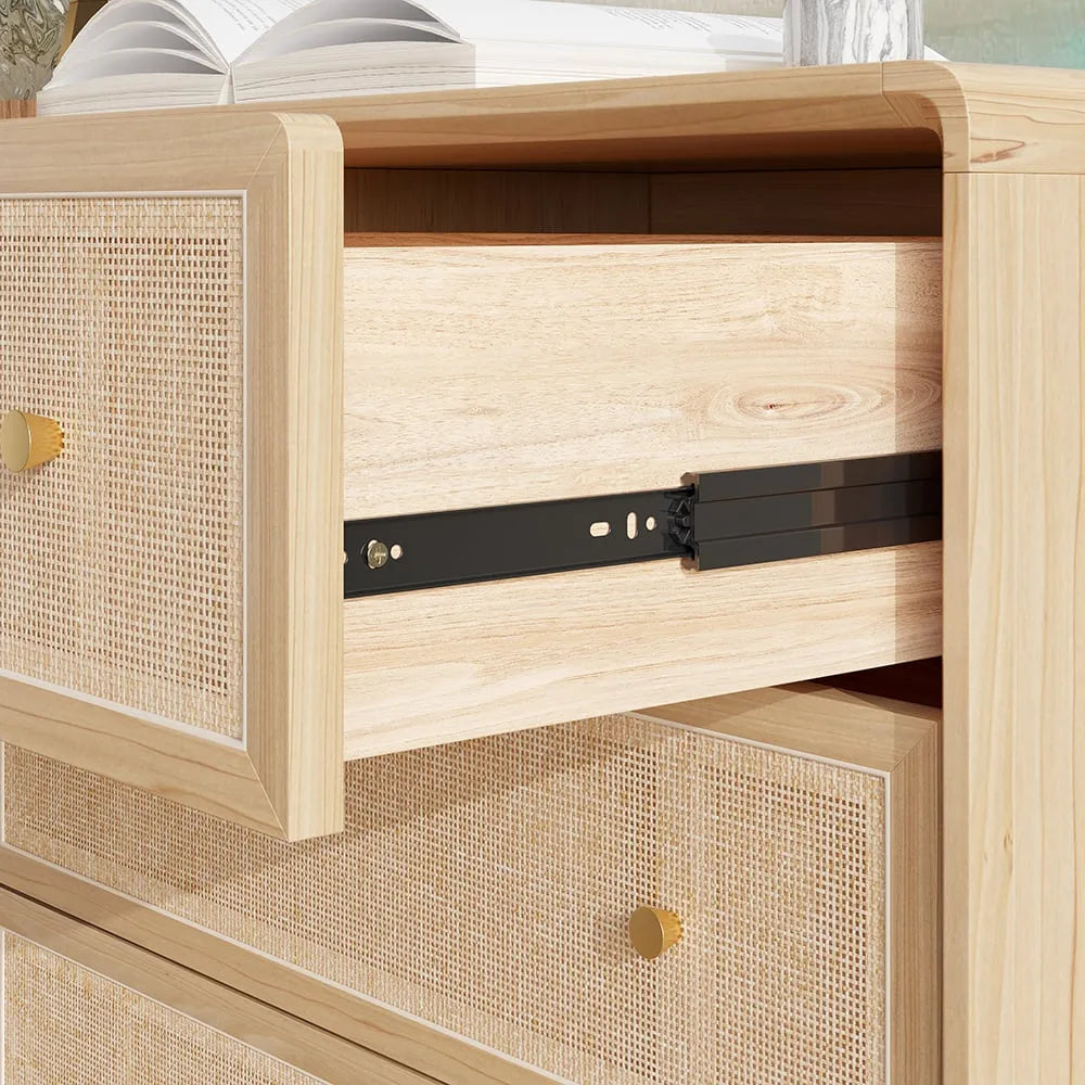 Ash Wood Dresser With Rattan Drawers And Brass Legs