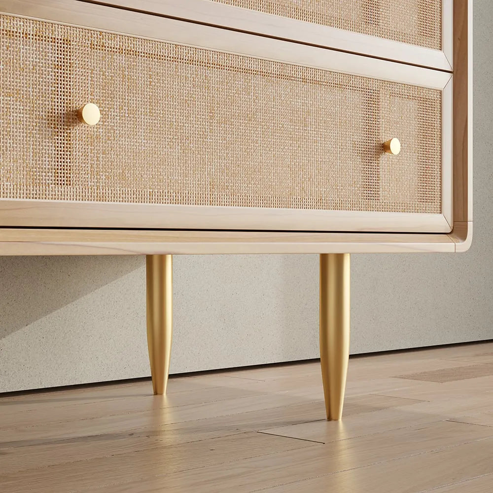 Ash Wood Dresser With Rattan Drawers And Brass Legs
