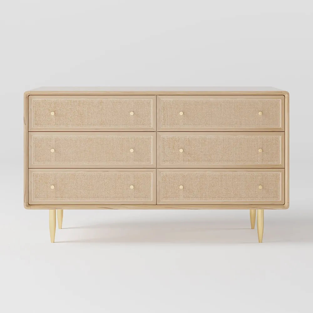 Ash Wood Dresser With Rattan Drawers And Brass Legs