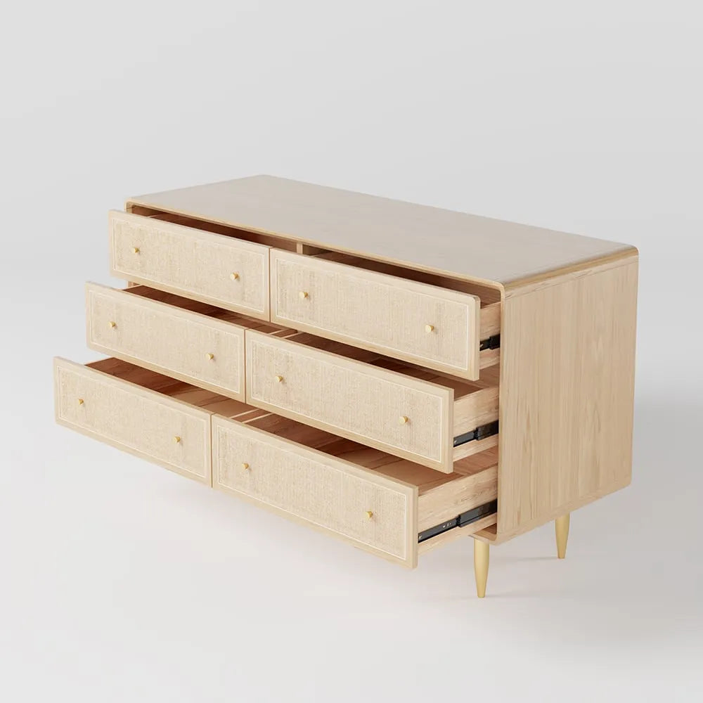Ash Wood Dresser With Rattan Drawers And Brass Legs