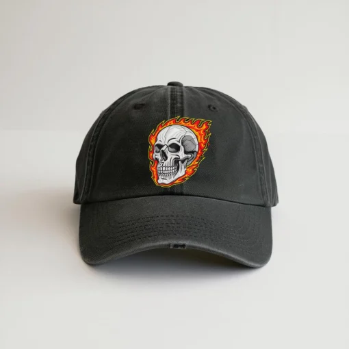 Flaming Skull Embroidered Cap, Fire Skull Hat