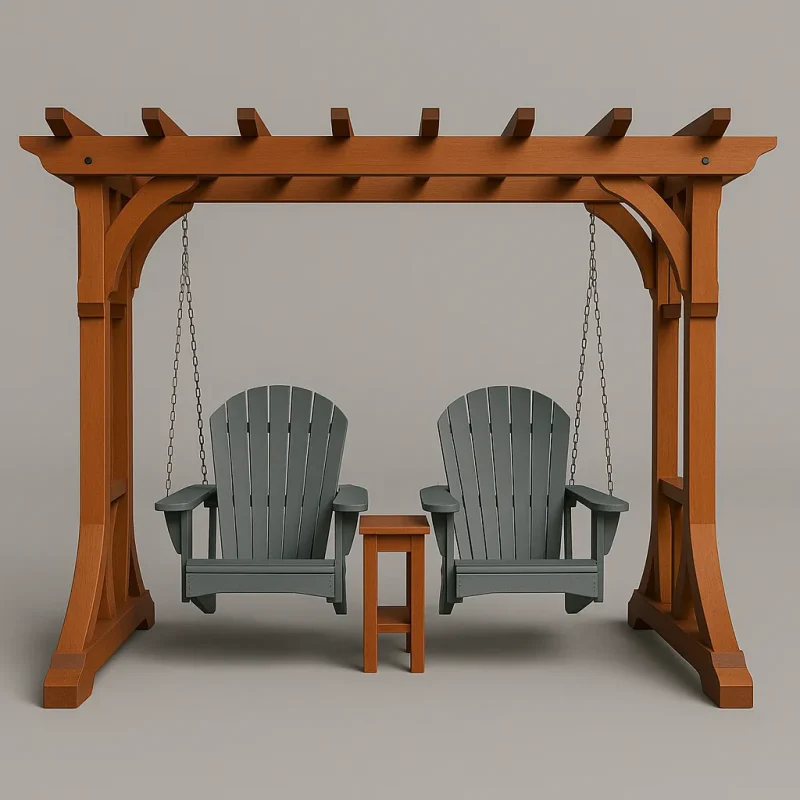 Elegant Wooden Pergola Swing with Adirondack Chairs